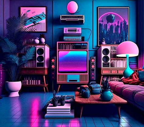 Synthwave Aesthetic Room, Aesthetic Room Retro, Chillwave Aesthetic, Living Room 80s, Vaporwave Decor, 80s Living Room, Vaporwave Room, 80s Room, Synthwave Art