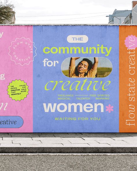 Creative community poster design Wall mock up design, posters stuck to wall Colourful, pink, blue, lime, orange design Graphic design inspo Branding identity for female business Non Profit Graphic Design, Colorful Social Media Design, Colourful Social Media Design, Poster Design Business, Women Graphic Design, Vibrant Brand Identity, Vibrant Social Media Design, Clean Graphic Design, Pink And Orange Brand Identity