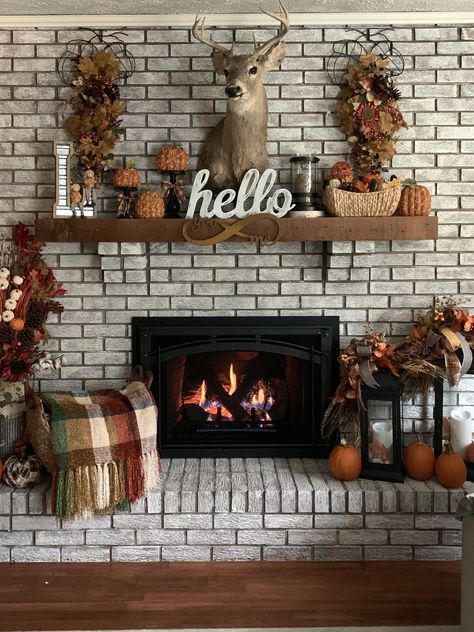 My Fall fireplace 2019 Deer Heads Living Room, Fall Fireplace Mantel Decor, Deer Mount Decor, Fall Fireplace Mantel, Deer Head Decor, Hearth Decor, Farmhouse Mantle Decor, Farmhouse Fireplace Decor, Fall Fireplace Decor