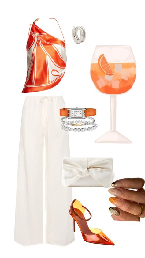 Silk orange top, white pants, organe watch, silver bracelet Orange Top Outfit Summer, White Pants Outfit Ideas, Orange Top Outfit, Date Night Summer, Pants Outfit Ideas, White Pants Outfit, Outfits For Mexico, Summertime Outfits, Night Summer