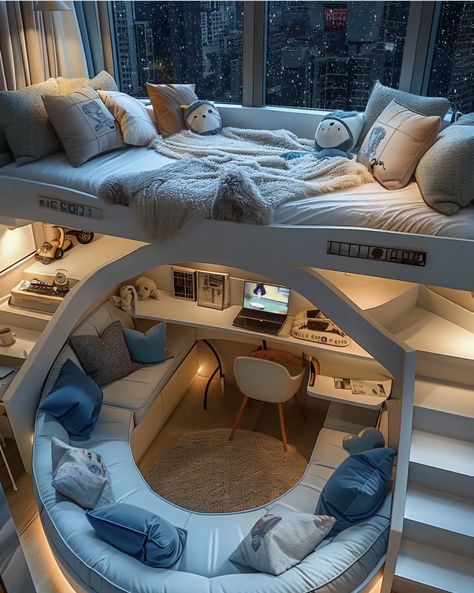 Cute House Ideas Interior, Luxury Dorm Room Interior Design, Dream Room Design, Aesthetic Bunk Bed Rooms, Unique Bedroom Design Awesome, Awesome Bedrooms Dream Rooms, House Design Interior Bedrooms, Cute Room Ideas For Small Rooms Bedrooms, Small Bedroom Interior Design Modern