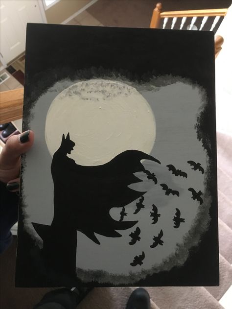 Batman painting Dc Painting, Spiderman And Batman Painting, Batman Painting Easy, Batman Canvas Painting, Batman Aesthetic Painting, Batman Paintings On Canvas, The Batman Painting, Batman Logo Painting, Painting Batman On Canvas