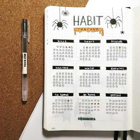 Spooky Mood Tracker, October Bujo Habit Tracker, Habit Tracker Halloween, Halloween Themed Bullet Journal, Halloween Bujo Spreads, Halloween Bujo Theme, October Bullet Journal Habit Tracker, Halloween Habit Tracker, Bullet Journal Halloween Theme