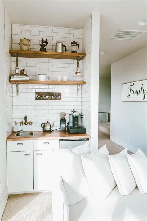 Whether you’re looking for a creative way to display your coffee maker or want to hang up all your Rae Dunn cups, these coffee bar ideas will give you some inspiration! With everything from DIY designs to farmhouse decor, you’ll find the perfect idea here! #coffeebar #coffeestation #coffeebarideas #raedunncoffee Vitrine Ikea, Built In Coffee Bar, Coffee Bar Cart, Diy Coffee Station, Coin Bar, Coin Café, Coffee Bar Station, Coffee Bar Ideas, Farmhouse Coffee Bar