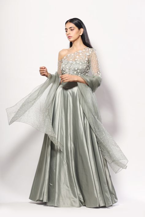 Olive asymmetric off-the-shoulder heavily embellished blouse and shantoon lehenga Off Shoulder Lehenga, Plain Lehenga, Mahima Mahajan, Blouse Lehenga, Bridal Clothing, Knotted Blouse, Lehenga Skirt, Lehenga Collection, Party Wear Lehenga