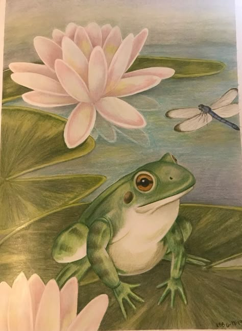 Pond Frog Drawing, Frog In Pond Illustration, Pond Drawing, Frog Painting, Faery Art, Frog Illustration, Realistic Pencil Drawings, Frog Drawing, Pastel Sec