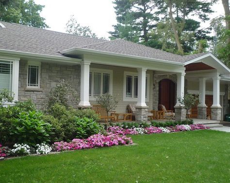 Peak added to a front porch & columns Farmhouse Front Porch Decor, Front Porch Addition, Veranda Design, Front Porch Columns, Ranch House Remodel, Ranch Remodel, Porch Addition, Building A Porch, Porch Columns