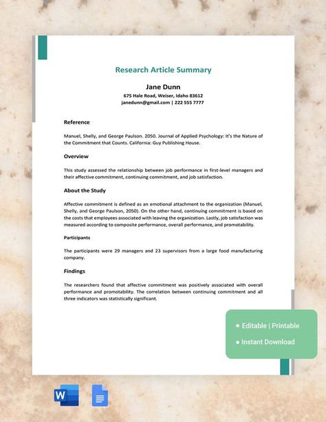 Research Article Summary Template Article Summary, Course Evaluation, Research Article, Executive Summary Template, Summary Template, Safety Audit, Indesign Free, Applied Psychology, Education Templates