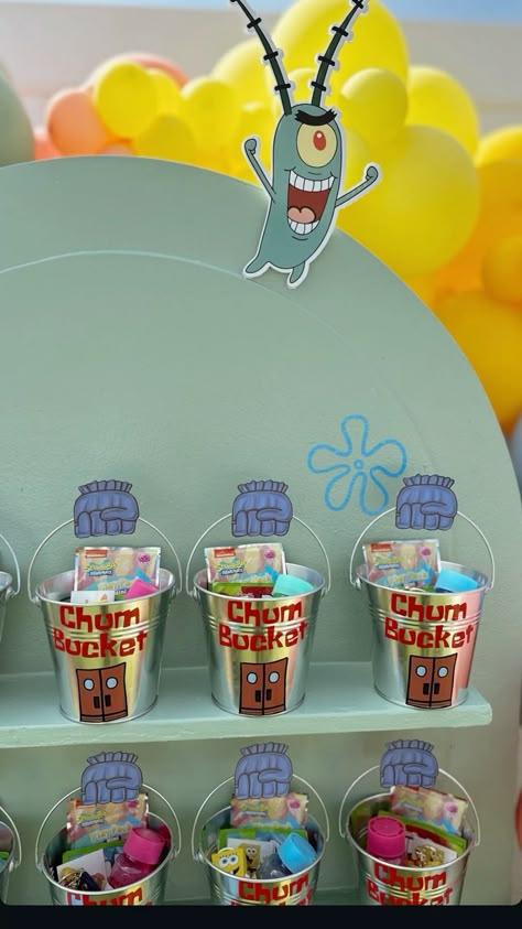 Spongebob Themed Party Favors, Sponge Bob Party Decoration Ideas, Spongebob Cardboard Cutout, Spongebob And Patrick Birthday Party, Spongebob Ideas Party, Spongebob Third Birthday, 16 Birthday Party Ideas Spongebob, Sponge Bob Party Games, Pastel Spongebob Party