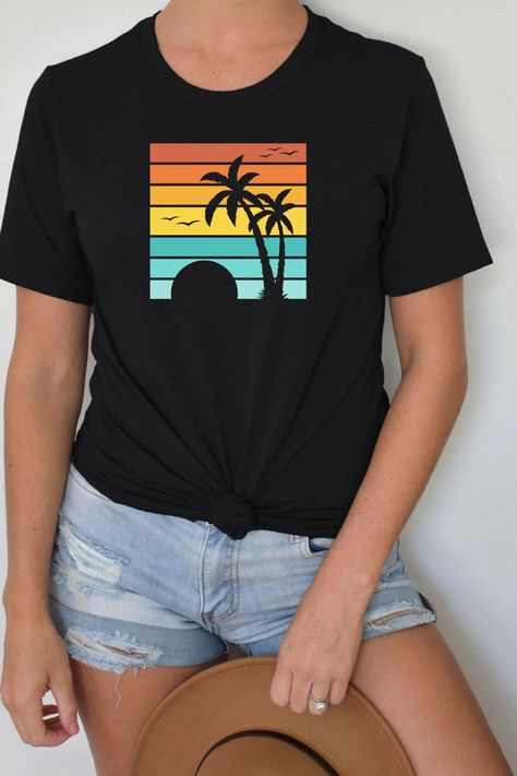 Vintage Palm Tree Summer T-Shirt - Retro Tropical Sunset Graphic Tee (Unisex) Retro Sunset Tshirt, Vintage Palm Tree, Retro Tropical, Sunset Graphic, Tropical Sunset, Door Decorations Classroom, Retro Sunset, Summer Tshirts, Palm Tree