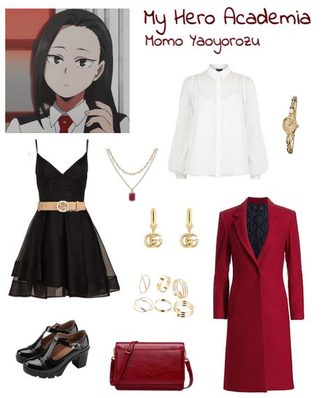 Get ready to channel your inner class and sophistication with this anime-inspired look inspired by Momo Yaoyorozu from My Hero Academia. Featuring a stylish red coat staple, this outfit is perfect for any occasion. The sleek black dress underneath adds a touch of elegance. Whether you're heading to a fancy dinner or a night out with friends, this outfit will make you feel like a true hero. Don't miss out on this chic and timeless anime-inspired look! My Hero Academia Casual Outfits, My Hero Academia Outfits, Anime Inspired Outfits Casual, My Hero Academia Momo Yaoyorozu, My Hero Academia Momo, Sleek Black Dress, Gold Goddess, Cute Sweatpants Outfit, Cute Sweatpants