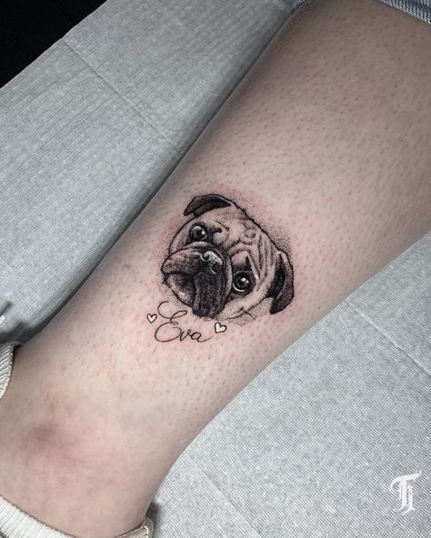 Seeking a tattoo that speaks to your passion for animals? Explore pet-themed designs for your next ink. #AnimalLover #PetTattoo Pug Portrait Tattoo, Shihtzu Tattoos, Jax Tattoo, Lucy Tattoo, Tattoo Mujer, Pet Memorial Tattoo, Pet Tattoos, Pug Tattoo, Dog Memorial Tattoos