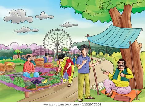 Village Market Scene Drawing, Market Scene Drawing Easy, Cartoon Village, Village Illustration, Village Scenery, Village Drawing, Art Competition Ideas, Character Outline, Village Market