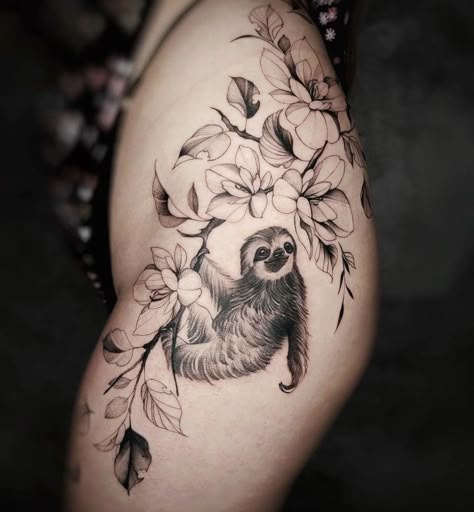 Sloth Flower Tattoo, Floral Sloth Tattoo, Cute Sloth Tatoos, Sloth Fine Line Tattoo, Watercolor Sloth Tattoo, Animal Tattoo Ideas Female, Tropical Rainforest Tattoo, Jungle Animals Tattoo, Women Half Sleeve Tattoo Ideas Unique