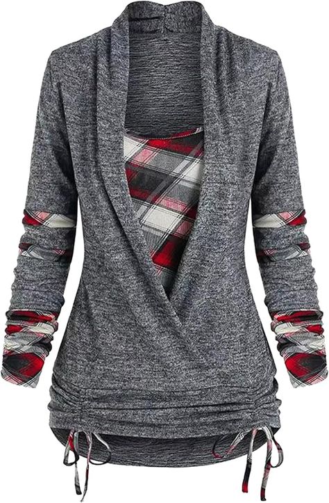 Dresswel Dressy Plaid Tops for Women Long Sleeve Plaid Shirt Fall Wrap Tops with Side Ruched Drawstring Vintage Blouse at Amazon Women’s Clothing store Winter Plaid, Pullover Outfit, Long Sleeve Tops Casual, Plaid Fashion, Top Casual, Long Sleeve Sweatshirts, Sweater Outfits, Women Long Sleeve, Tartan