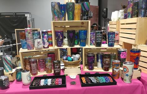 Craft Show Tumbler Displays, How To Display Cups At Craft Fair, Craft Show Tumbler Display Ideas, Tumbler Displays For Craft Shows, How To Display Tumblers At Craft Show, Tumbler Vendor Booth Display Ideas, Tumbler Display Ideas, Tumbler Display Craft Show, Koozie Display