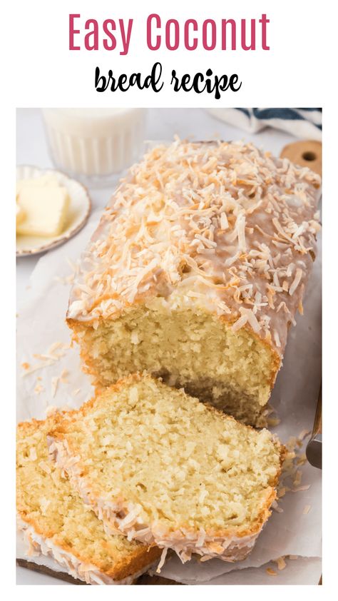 This easy coconut bread recipe is bursting with coconut flavor! This bread is made with coconut milk, sweetened coconut flakes, and topped with a coconut glaze and toasted, shredded coconut. Easy Coconut Bread Recipe, Coconut Recipes Easy, Coconut Milk Recipes Dessert, Coconut Flakes Recipe, Coconut Quick Bread, Coconut Glaze, Coconut Bread Recipe, Coconut Banana Bread, Almond Bread