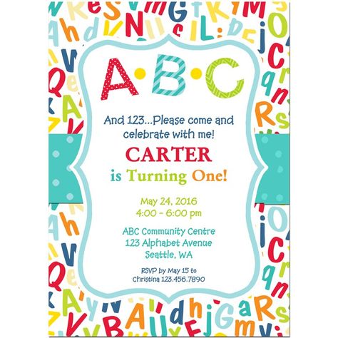 ABC 123 Birthday Party Invitation Alphabet Birthday Parties, Abc Birthday Parties, Alphabet Party, Alphabet Birthday, Abc Party, Candy Bar Labels, 2nd Birthday Party Themes, Abc 123, 4th Birthday Parties