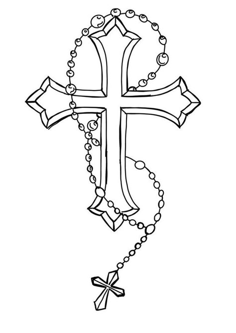 Rosemary Tattoo Cross, Cross With Rosary Tattoo Design, Side Neck Tattoo For Guys Ideas, Rosary Outline, Cross Tattoo Stencil, Crucifix Drawing, Rosary Drawing, Crucifix Tattoo, Simple Cross Tattoo