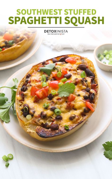 This flavorful Southwest Stuffed Spaghetti Squash is loaded with black beans, diced tomatoes, and spices for a healthy weeknight dinner you'll crave! Hot Sausage Recipes, Sausage And Spaghetti Squash, Spaghetti Squash Recipes Healthy, Stuffed Spaghetti Squash, Black Bean Recipes, Baked Spaghetti Squash, Hot Sausage, Spaghetti Squash Recipes, Low Cal Recipes