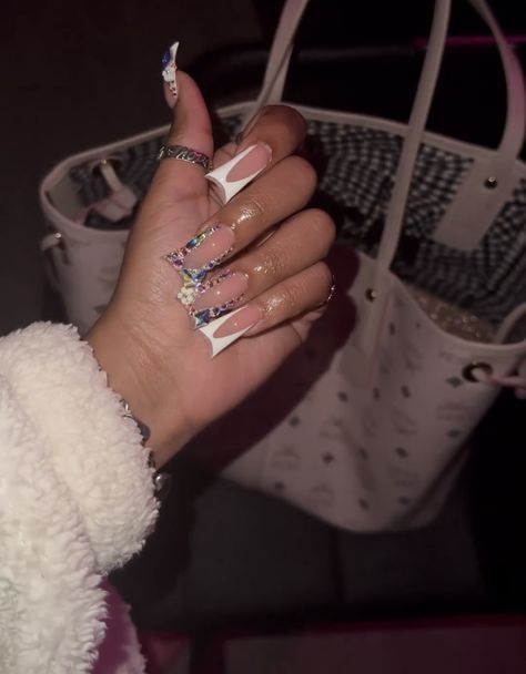 White Duck Nails With Charms, Long French Tip Nails With Charms, All White Duck Nails, Medium Long Duck Nails, Prom Duck Nails, Classy Duck Nails, Slim Duck Nails, Basic Duck Nails, Tapered Duck Nails