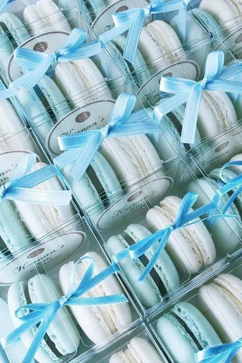 Blue Party Favor Ideas, Something Blue Favors, Blue And White Macarons, Light Blue Wedding Favors, Blue And White Party Aesthetic, Dusty Blue Wedding Favors, White And Blue Wedding Invitations, Blue And White Desserts, Bridal Shower Blue And White