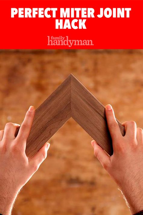 Perfect Miter Joint Hack Miter Joints How To Make, How To Miter Corners Wood, Mitered Corners Tutorial Wood, Miter Shears, Wood Corner Joints, How To Make Cabinet Doors, Garage Workspace, Small Easy Woodworking Projects, Trim Carpentry