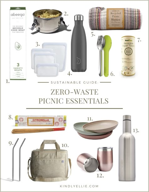 Sustainable Guide: Zero-Waste Picnic Essentials | Eco-friendly | kindlyellie.com Zero Waste Picnic, Picnic Basket Essentials, Zero Waste Snacks, Sustainable Picnic, Eco Friendly Aesthetic, Planning A Picnic, Waste Free Living, Environmentally Friendly Living, Picnic Packing