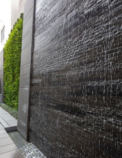 Solitaire Tower — Landworks Studio, Inc. Modern Waterfall Backyard, Waterfall Backyard, Morocco House, Boutique Layout, Outdoor Wall Fountains, Water Feature Wall, Feature Wall Design, Outdoor Water Feature, Pond Waterfall