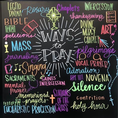 Katie Bogner | What are some of your favorite ways to pray? I always open the school year with a unit on prayer, reviewing and practicing different… | Instagram Catholic Schools Week Bulletin Board, High School Classroom Decor, Catholic Bulletin Boards, Ways To Pray, Catholic Schools Week, Holy Hour, School Classroom Decor, School Hallway, Catholic High School