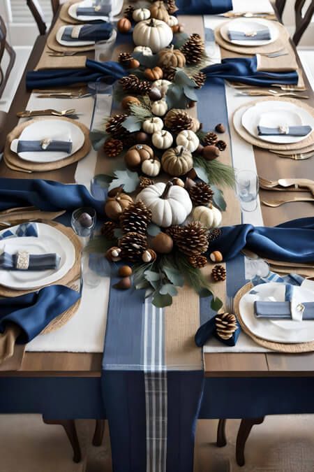 Blue Thanksgiving Table, Thanksgiving Decorations Table Setting, Thanksgiving Dinner Table Setting, Thanksgiving Dining Table, Blue Thanksgiving, Blue Fall Decor, Blue Table Settings, Fall Dining Table, Autumn Dining