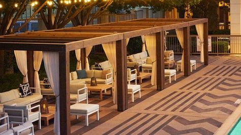 Cabana Restaurant, Rooftop Bar Design, Dallas Market Center, Cabana Design, Outdoor Restaurant Patio, Rooftop Restaurant Design, Restaurant Exterior Design, Cavo Tagoo Mykonos, Pool Cabanas