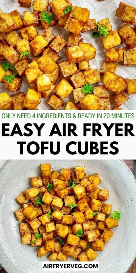 Enjoy these crispy Air Fryer Tofu Cubes in just 20 minutes! These tofu cubes are perfect for adding extra plant-based protein to salads, stir-fries, and wraps or enjoying a healthy snack. With just 4 simple ingredients, this versatile recipe gives you crunchy bites that are easy to customize with your favorite spices and sauces. Delicious, healthy, and so simple to make! Try this easy air fryer recipe today! #AirFryerTofu #VeganProtein #HealthyMeals Airfryer Tofu Easy, Healthy Food Airfryer, Crunchy Tofu Air Fryer, Tofu Cubes Recipes, Easy Tofu Recipes Quick Air Fryer, Bariatric Tofu Recipes, Easy Air Fryer Tofu, Air Fry Tofu Easy, Quick Healthy Air Fryer Recipes