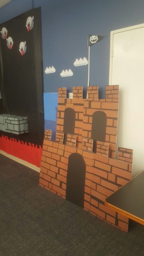 Super Mario Entrance, Life Size Mario Game, Diy Bowser Decorations, Super Mario Brothers Classroom Theme, Mario Hallway Theme, Super Mario Photo Backdrop, Super Mario Outdoor Decor, Mario Bros Office Decorations, Bowsers Castle Decoration