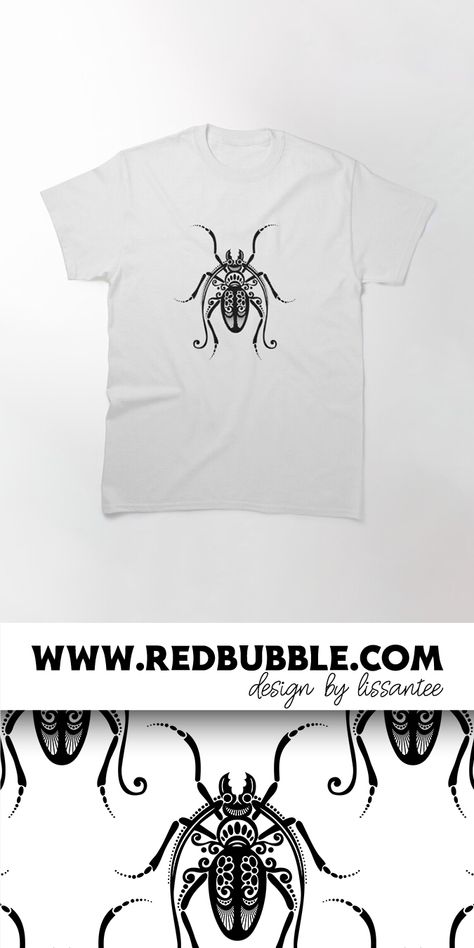 Shop Classic T-shirt with Ornate Exotic Beetle Print © All Rights Reserved on demand Redbubble shirt tshirt tee clothes apparel casual basic everyday wear generous boxy fit heavyweight fabric unisex gender neutral male female model front back location design artwork art ideas fauna nature garden funny abstraction abstract insect bug ornament ornamental floral flower ornate decorative vintage art deco doodle ethnic surface pattern design monochrome black and white bw Beetle Clothes, Beetle Print, Beetle Shirt, Redbubble Shirt, Beetle Necklace, Ladybug Shirt Women’s, Beetle Pendant, Monochrome Black And White, Location Design