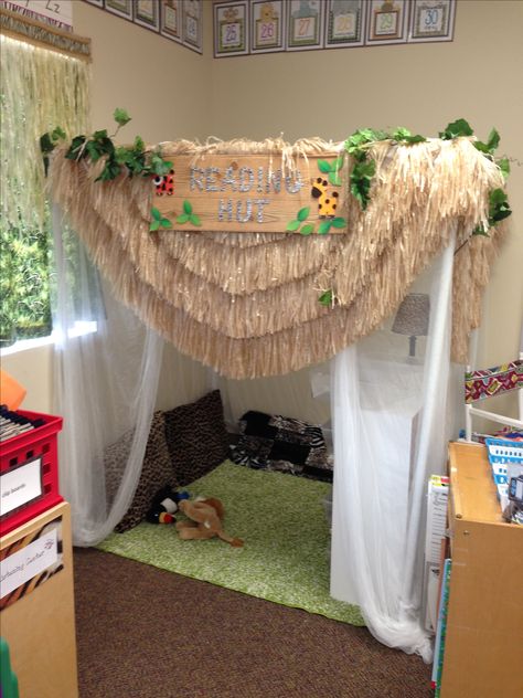 the reading hut in my safari classroom! Jungle Classroom Theme, Reading Hut, Jungle Theme Classroom Decorations, Rainforest Classroom, Safari Theme Classroom, Jungle Theme Rooms, Preschool Classroom Themes, Safari Classroom, Classroom Theme Ideas