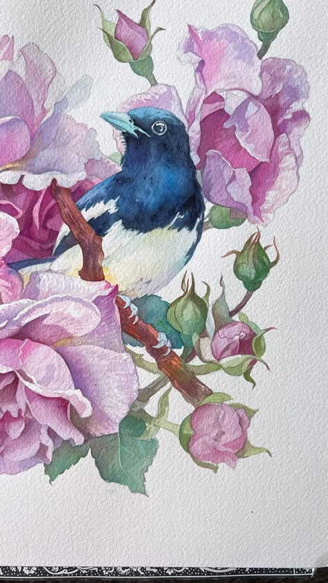 ANNA 🌺 BUCCIARELLI (@anna.m.bucciarelli) • Instagram photos and videos Botanical Art Watercolors, Water Colour Painting Ideas Inspiration, Birds And Flowers Painting, Watercolor Flower And Butterfly, Anna Bucciarelli, Birds With Flowers Painting, Anna Bucciarelli Watercolor, Pink Bird Watercolor, Circular Canvas Painting