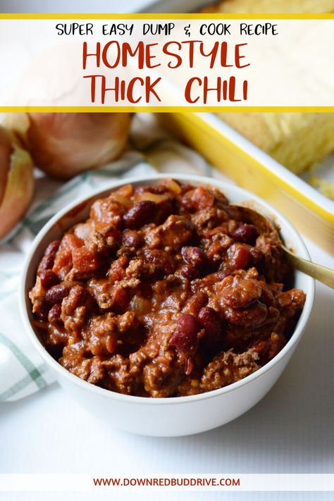 Thick Chili Recipe | Easy Chili Recipe | Dump and Cook Chili Recipe | Chili with Beans | Chili Recipe with Beans | Homestyle Chili Recipe | Chili Recipe Easy | Bean Chili Recipe | Down Redbud Drive #thickchilirecipe #easychilirecipe #homestylechili #bestchilirecipe Best Thick Chili Recipe, Dump Chili Recipe, Cheap Chili, Thick Chili Recipe, One Pot Chili Recipe, Thick Chili, Liver Healing, Chili Recipe Stovetop, Hearty Chili Recipe