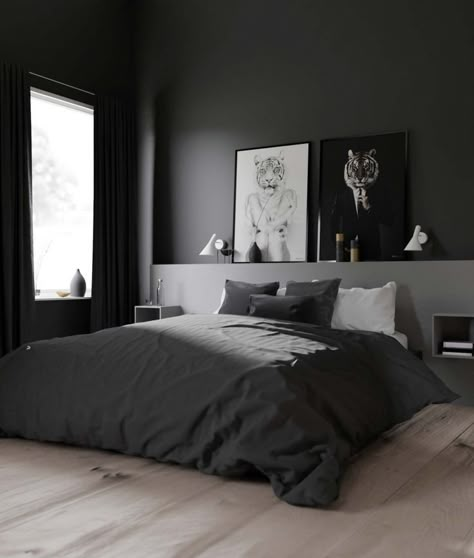 Black And Grey Bedroom, Black And White Bedroom, Mens Bedroom Decor, Black Bedroom Design, Black Bedroom Decor, Apartment Bedroom Decor, Bedroom Setup, Black Bedroom, Floor Bed