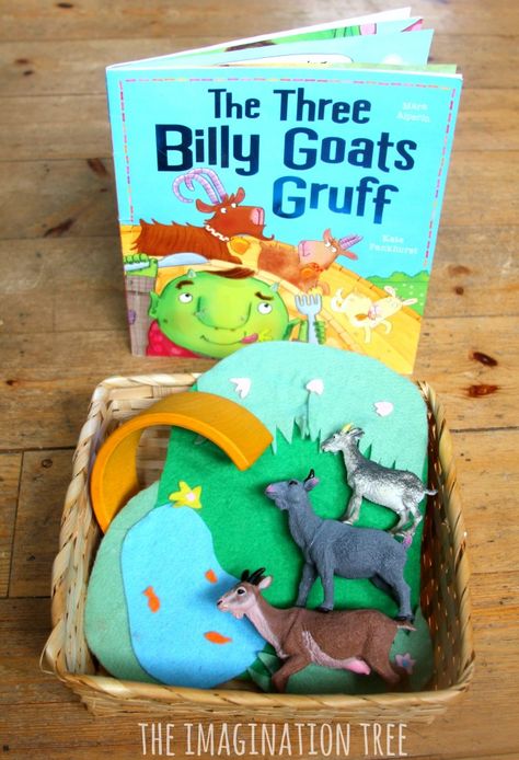 The three billy goats gruff storytelling basket Storybook Baskets, Storytelling Basket, Childcare Experiences, Sensory Stories, Story Bags, Story Baskets, The Three Billy Goats Gruff, Three Billy Goats Gruff, Billy Goats Gruff