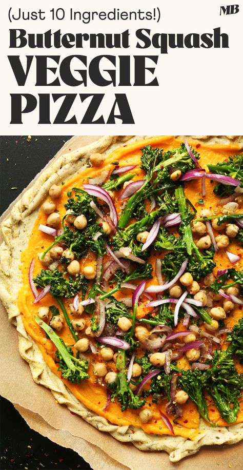 10-ingredient pizza that's perfect for late summer and fall. Butternut squash sauce adds a colorful, savory-sweet base, while broccolini, chickpeas, and onion add texture, fiber, and protein. A healthy, plant-based meal the whole family will enjoy. Pizza Vegetarian, Butternut Squash Pizza, Squash Pizza, Pizza Vegana, Vegan Pizza Recipe, Veggie Pizza, Vegetarian Pizza, Healthy Pizza, Dinner Appetizers