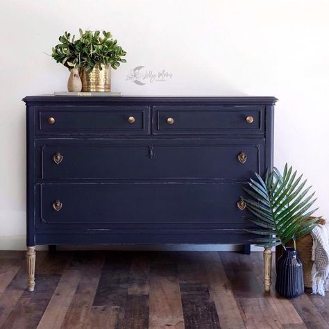 SOLD Antique Navy Blue Dresser | Etsy Navy Furniture Paint, Antique Dresser With Mirror, Navy Blue Dresser, Dark Blue Paint Color, Navy Furniture, Dark Blue Paint, Navy Paint, Blue Dresser, Refinishing Furniture Diy