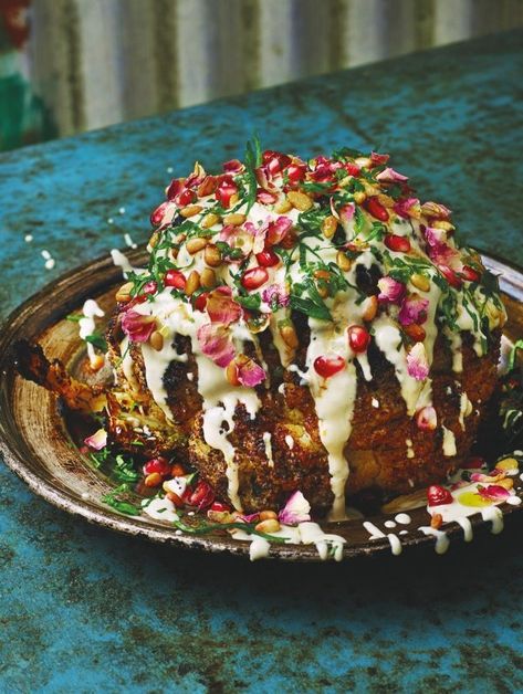 Cauliflower Shawarma with Pomegranate, Pinenuts and Rose | Guest Recipes | Nigella's Recipes | Nigella Lawson Vegan Grill, Pizza Vegetarian, Vegetarian Christmas, Vegetarian Barbecue, Shawarma Recipe, Spiced Butter, Whole Roasted Cauliflower, Diet Vegetarian, Middle Eastern Recipes