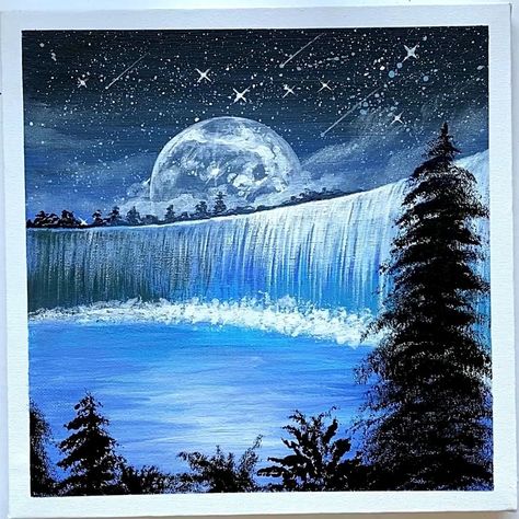 Bridge Painting Acrylic Simple, Waterfall Painting Landscape, Simple Waterfall Painting, Waterfall Acrylic Painting Easy, Mountain Waterfall Painting, Water Fall Painting Ideas, Waterfall Painting Easy Step By Step, How To Paint A Waterfall, River Painting Easy