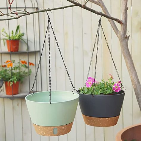 ZMTECH 2 Pack 10 Inch Hanging Planters with Visible Water Level Tray Self Watering Plant Pot with Drainage Holes and Removable Saucer Plastic Flower Pot for Indoor Outdoor Plants (Gray) Outdoor Hanging Plants, Planters For Indoor Plants, Self Watering Plants, Hanging Flower Pots, Pot Hanger, Plastic Flower Pots, Hanging Flower, Plastic Flower, Water Level