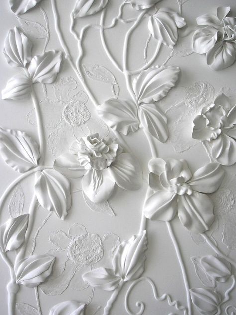 3d flowers, dipped in casting slip, but I would like to find a way to scupt the petals and leaves, and slip trail the stems. Wallpaper Tumblr, Trendy Flowers, 背景 シンプル, Shades Of White, New Wall, White Aesthetic, Spray Painting, Flowers And Leaves, Wall Sculptures