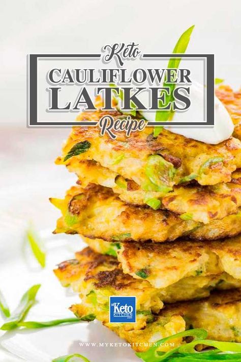 Cauliflower latkes recipe is a low carb keto version of the original potato fritter. They are a great gluten-free option for breakfast lunch or dinner. Try these cauliflower pancakes today. #ketorecipe #easyrecipe #latkes Cauliflower Pancakes, Latkes Recipe, Cauliflower Fritters, Keto Vegan, Keto Side Dishes, Keto Foods, Vegan Keto, Cauliflower Recipes, Low Carb Keto Recipes