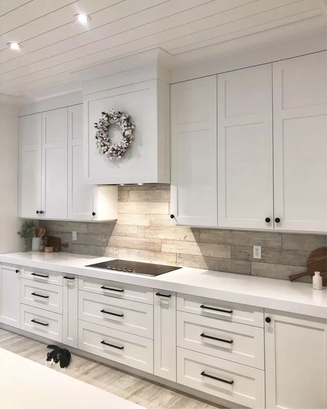 A House We Built, Kitchen Knobs And Pulls, White Shaker Kitchen, Shaker Kitchen Cabinets, Fall Kitchen Decor, White Kitchen Design, Kitchen Cabinet Hardware, Shaker Kitchen, Kitchen Hardware