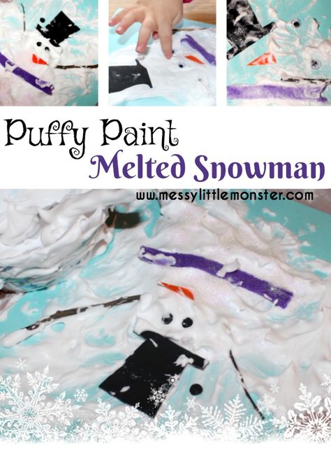 Puffy paint melted snowman craft for kids using a 2 ingredient puffy paint recipe. A simple Winter art activity for toddlers and preschoolers as well as older kids. Diy Schneemann, Snow Crafts, Winter Crafts Preschool, Snowmen Activities, Preschool Art Projects, Melted Snowman, Snowman Craft, Art Activities For Toddlers, Mouse Crafts