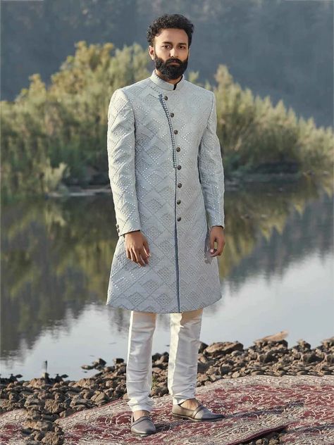 Sky Blue Colour Designer Indowestern With Embroidered | Etsy UK Groom Indian Wedding Outfits, Blue Jacket Style, Wedding Dress For Men, Unique Mens Wedding Suits, Indian Wedding Suits Men, Sky Blue Colour, Sherwani Groom, Groom Wedding Dress, Mens Sherwani